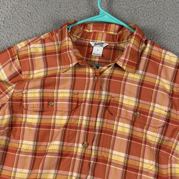 Duluth Trading Co Button Shirt Women's Size Large Orange Plaid Polyester Stretch - Picture 2 of 9